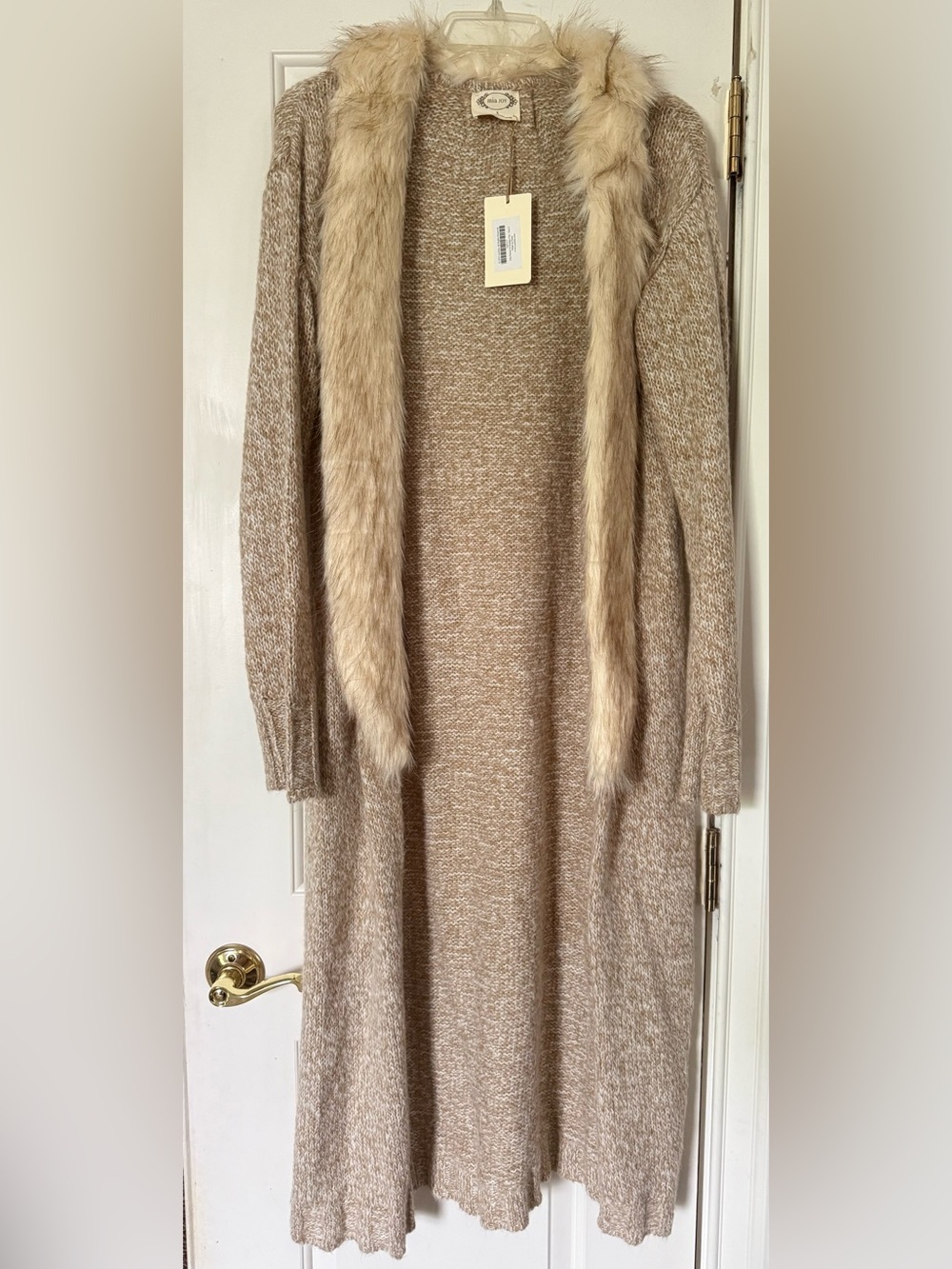Joyfolie Longline Open-Front Cardigan with Faux Fur Trim - Beige